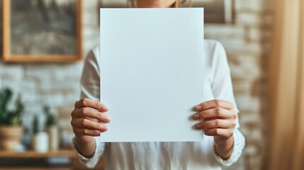 Person holding a blank white sheet of paper indoors blurred background.