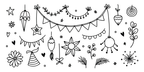 Hand drawn festive holiday decorations string lights bunting stars ornaments and pine sprigs