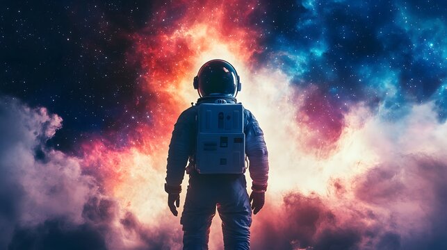 An astronaut stands in awe before a breathtaking nebula, with vibrant colors and cosmic dust illuminating the vast expanse of space and the mysteries beyond us all.