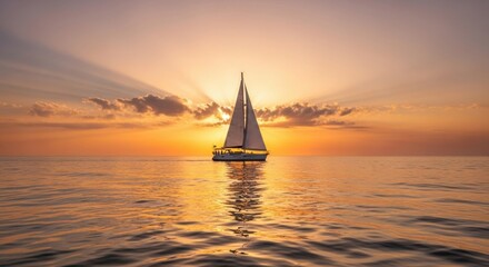 Fototapeta premium Majestic Sailboat Glides Across Ocean During Golden Hour Sunset