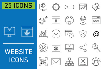 Collection of modern website line icons. Web content, hosting, internet, server, network and more. Various digital elements in black color. Solid icon collection. Vector illustration. 
