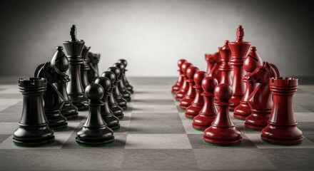 Two Opposing Sides of Chess Pieces Ready for Battle on the Board