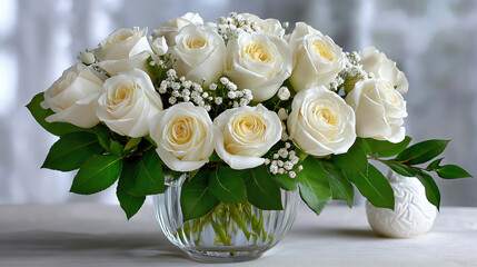 Elegant white roses arranged beautifully in glass vase, surrounded by delicate greenery and small white flowers, creating serene atmosphere