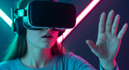 Girl wearing VR headset, hand reaching out, neon background.  Image showcases virtual reality experience, immersion, and futuristic technology