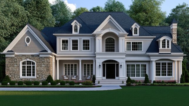 A 3D rendering showcases a charming American family home featuring a gable roof and brick walls, surrounded by greenery in the colorful autumn landscape