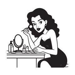 Black and white line art of a beautiful woman doing makeup at dressing table with mirror illustration