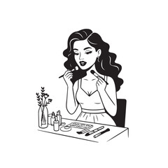 Black and white line art of a beautiful woman doing makeup at dressing table with mirror illustration
