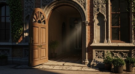 Mysterious Open Doorway Entrance to an Ancient Building with Plants