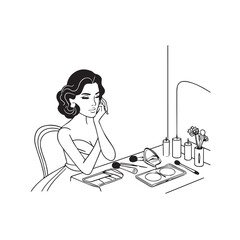 Black and white line art of a beautiful woman doing makeup at dressing table with mirror illustration