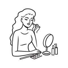 Black and white line art of a beautiful woman doing makeup at dressing table with mirror illustration