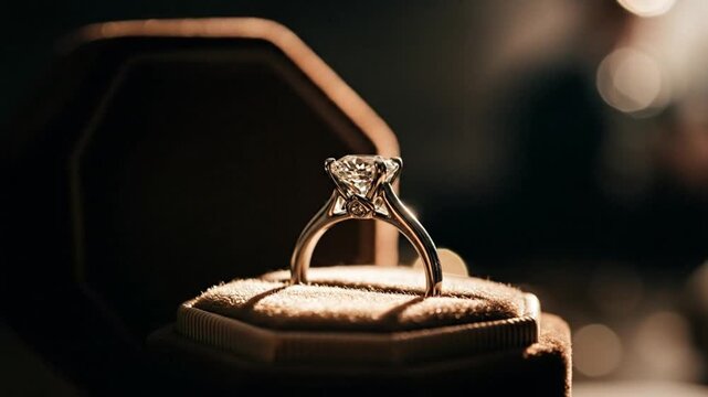 Luxurious gold engagement ring with a brilliant cut diamond sparkling in a velvet box, a symbol of eternal love and commitment