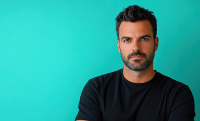 Obraz premium Confident Man with Beard Posing Against a Vibrant Turquoise Background