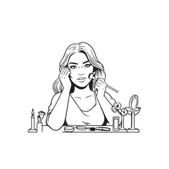 Black and white line art of a beautiful woman doing makeup at dressing table with mirror illustration