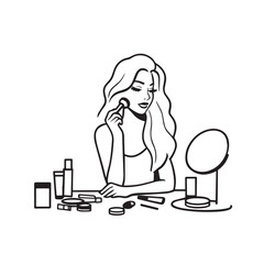Black and white line art of a beautiful woman doing makeup at dressing table with mirror illustration