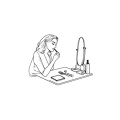 Black and white line art of a beautiful woman doing makeup at dressing table with mirror illustration