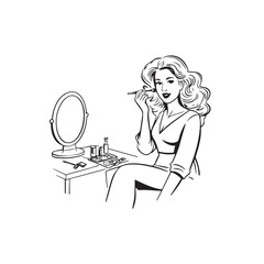 Black and white line art of a beautiful woman doing makeup at dressing table with mirror illustration
