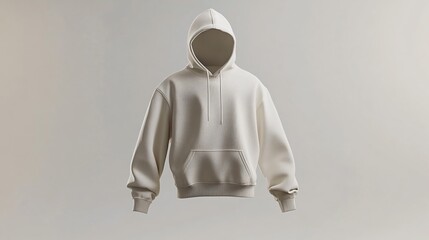 Cream colored hoodie floating in a neutral studio setting.