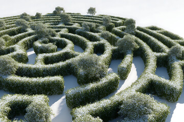Intricate hedge maze with winding paths and flowering trees in a bright, sunny landscape, offering a sense of mystery and exploration
