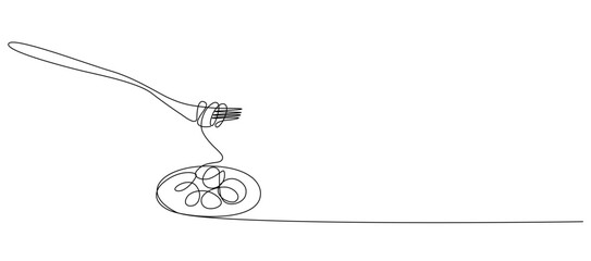 Single continuous line drawing of delicious spaghetti with fork. Italian spaghetti noodle for web banner and food delivery service.Vector illustration eps 10
