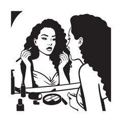 Black and white line art of a beautiful woman doing makeup at dressing table with mirror illustration