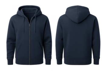 Dark blue zippered hoodie, front and back isolated on transparent background