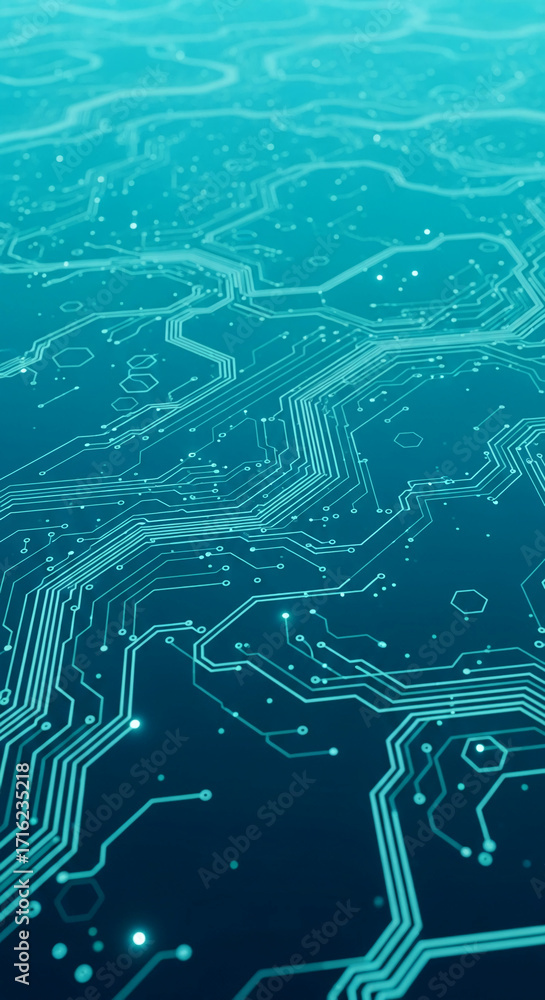 Poster abstract teal circuit board texture, glowing lines and dots creating a technological design, represe