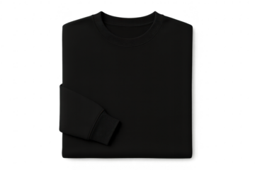 Stylish folded black crewneck sweatshirt isolated on transparent background.