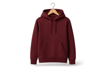 Isolated maroon hoodie sweatshirt on wooden hanger, transparent background.