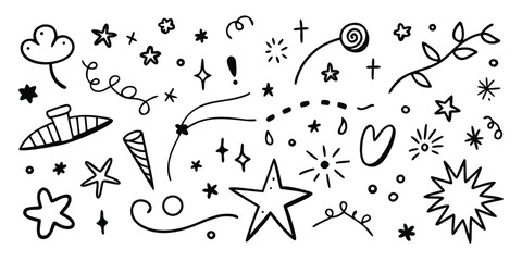 Obraz premium Whimsical hand-drawn doodle elements featuring stars clouds hearts and festive shapes