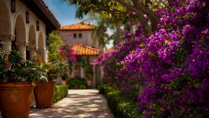 Obraz premium Vibrant purple bougainvillea flowers frame a sunlit pathway leading to an elegant style building