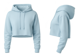 Light blue cropped hoodie isolated on transparent background, front and side views