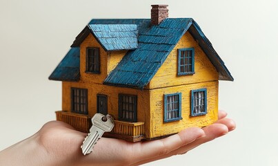 A small, wooden house model, a representation of homeownership, sits in a hand, with a key