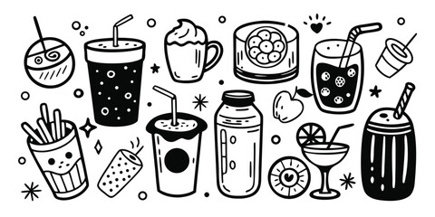 Fun doodle collection of delicious drinks and snacks with festive accents