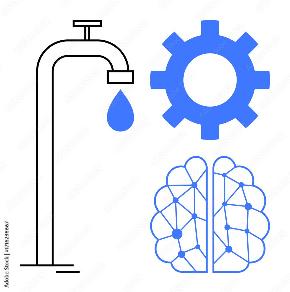 Poster faucet dropping water, gear symbolizing processes, and a neural network-style brain highlight techno