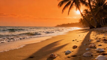 A golden sunset paints the tranquil beach scene, showcasing palm trees, soft waves, and scattered seashells.