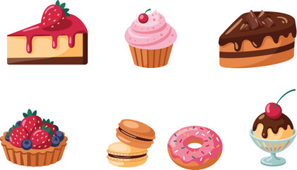 Sweet desserts collection, cheesecake, cupcake, chocolate cake, fruit tart, macaron, donut, ice cream sundae, delicious treats, baked goods, candy dessert,  
