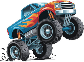 Monster truck illustration, off-road vehicle, big wheels, flame design, cartoon style, extreme sports, rally car, rugged truck, powerful engine, 4x4 vehicle, monster truck show, stun © Akhi's orld