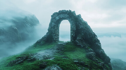 Mystical Ancient Stone Portal on Misty Mountain for Fantasy Adventure