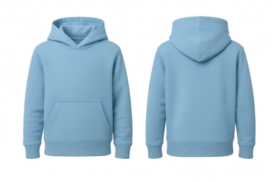 Light blue hoodie front and back views, isolated on transparent background