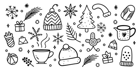 Cozy winter holiday celebration doodles festive christmas icons warm clothing gifts snowflakes