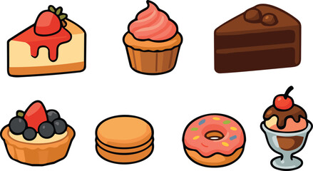 Sweet desserts collection, cheesecake, cupcake, chocolate cake, fruit tart, macaron, donut, ice cream sundae, delicious treats, baked g