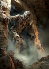 Deep inside an ancient tomb, a creature wrapped in tattered cloth emerges from the shadows, surrounded by swirling fog and rocky terrain, evoking a sense of adventure and mystery.