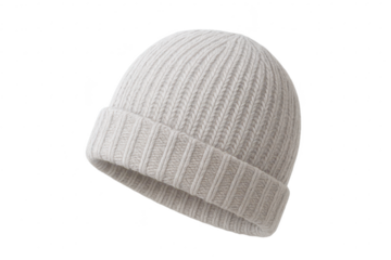 Light grey knitted beanie hat, a warm winter accessory, isolated subject