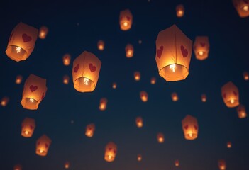 Many glowing lanterns with hearts float in dark night sky