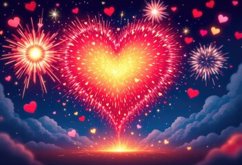 Heart-shaped fireworks explode over night sky