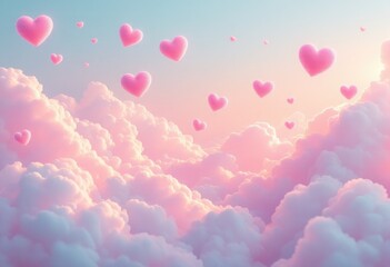 Pink hearts float amidst soft clouds