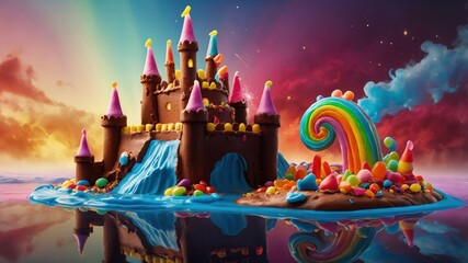 Magical candy castle stands proudly on a reflective surface under a colorful sky at dusk with vibrant sugar decorations and flowing blue icing as water