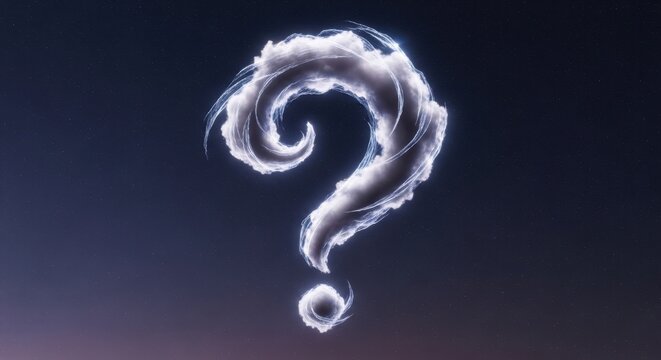 Mysterious Question Mark Formed From Swirling Clouds Against Starry Night Sky