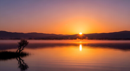 Sunrise Serenity - A Tranquil Lake Reflecting the Dawns Golden Light.