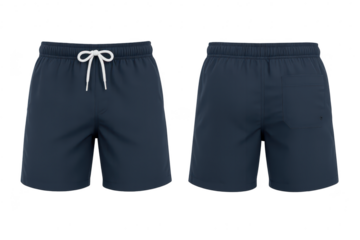 Stylish navy blue men's swim shorts, isolated on transparent background